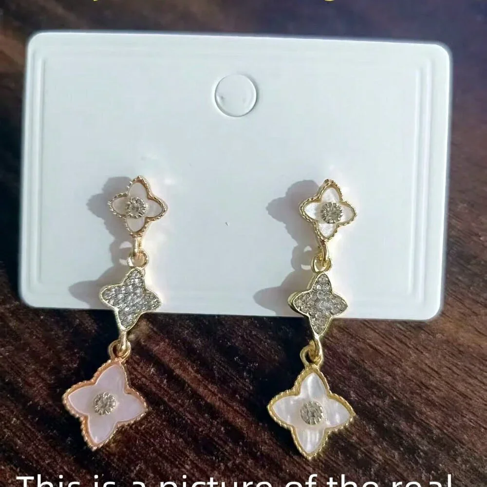 Gold Boho Womens Long Leaf & Flower Earrings Embedded With Rhinestones